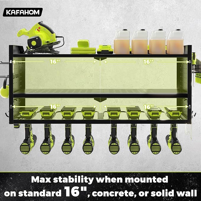 KAFAHOM Power Tool Organizer，Large 8 Drill Holder Wall Mount with 2 Side Pegboards,Metal Tool Shelf with 12 Hooks，Storage Rack for Garage Organization，Utility Cordless Drill Holder - Black