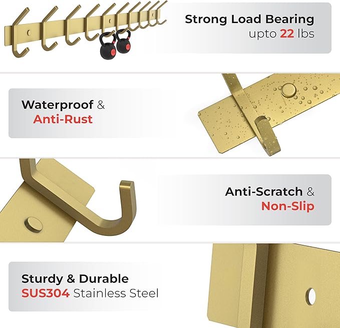Brushed Gold Wall Mounted Coat Rack – 30 Inch Stainless Steel Rail with 10 Double Coat Hooks for Entryway, Bathroom, Bedroom, Kitchen – Modern Gold Hook Rack for Coats, Hats, Towels-NeatNest