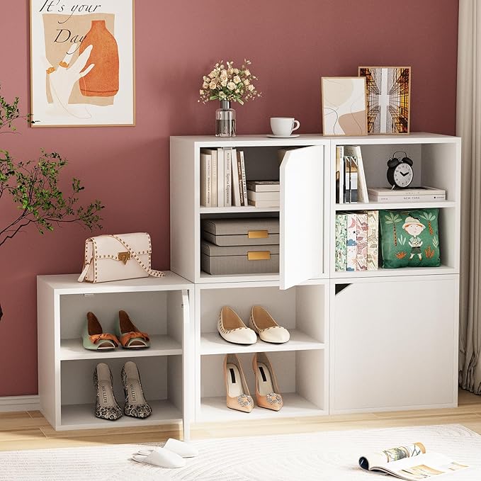 Garden 4 You Cube Storage Organizer Shelf, 2-Tier Stackable Bookshelf with Door, Wooden Display Bookcase, Small Storage Cabinet for Living Room & Bedroom, White-NeatNest