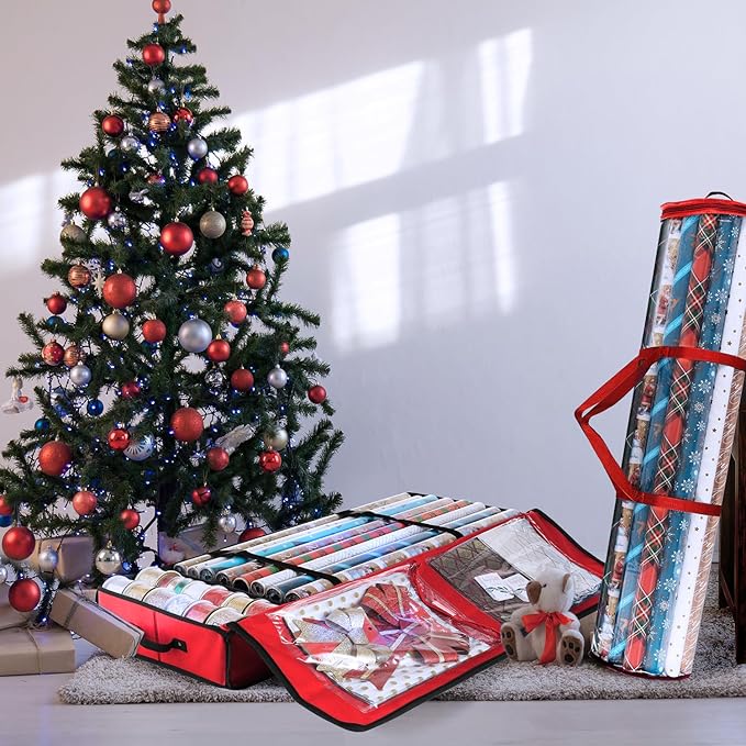 Hearth & Harbor Wrapping Paper Storage Container and Clear Wrap Paper Holder - Christmas Storage Bag with Interior Pockets - Fits Up to 36 Rolls of 40" - Tear Proof, Red-NeatNest