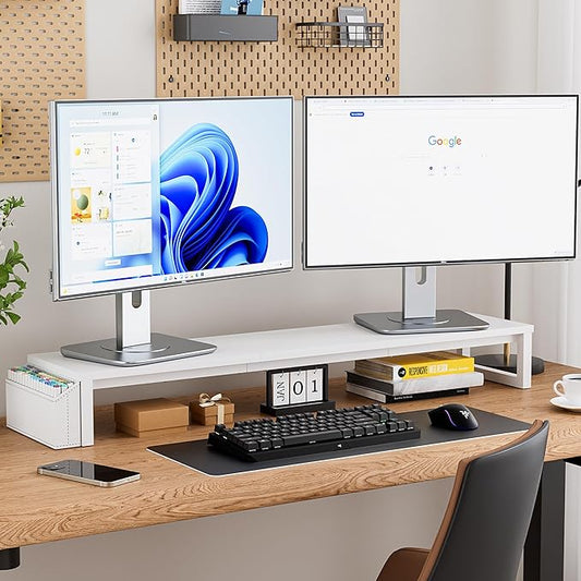 Dual Monitor Stand Riser, 41.5'' Extra Long Wood Monitor Stand Desktop Organizer with Side Pocket, Ergonomic Monitor Riser Supports 2 Monitors,TV,Laptop,Printer for Home Office, White