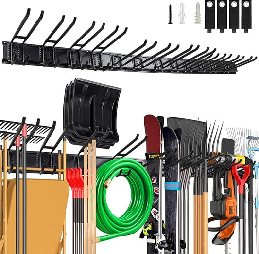 96 Inch Wall Mount Garden Tool Organizer, Garage Storage, Adjustable with 12 Heavy Duty Hooks and 4 Cable Ties, Max Load 960lbs, Black Iron, 96 x 1 x 4 Inches