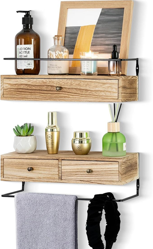 Floating Shelves - Wall Mounted Bathroom Shelf Set of 2 with Drawers, Rustic Wood Shelves for Bedroom, Living Room, Kitchen, Wall Decor, Plants, Books (Brown)-NeatNest