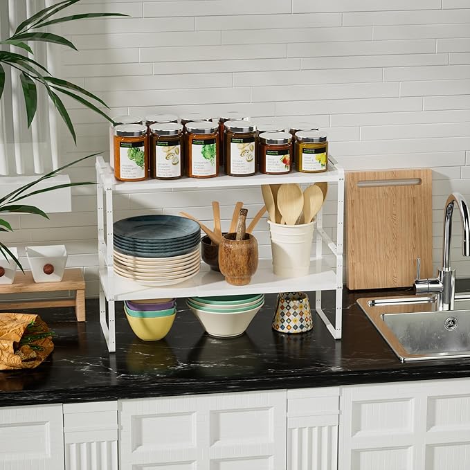 Cabinet Organizer Shelves,Adjustable Height Stackable Spice Racks for Cabinet,Pantry,Counter,Cupboard - 2 Packs of Kitchen Under Sink Expandable Storage Shelves,D:10.24" x W:16.5"-27.2",White