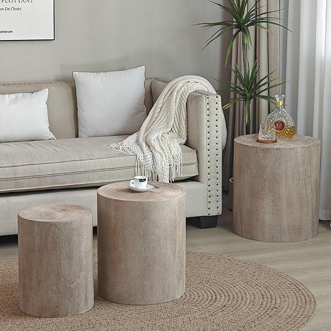 kevinplus Round Nesting Small Coffee Table Side Table End Set of 3 for Living Room Bedroom, Farmhouse Countryside Style, No Assembly, Natural Wood
