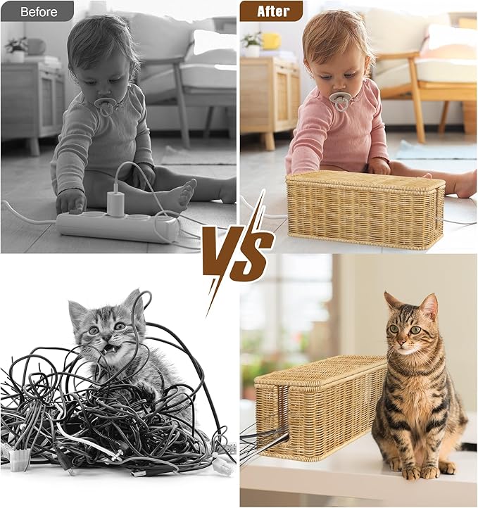 Cable Management Box,2 Pack Handwoven Imitation Rattan Cord Hider Organizer Box with Lid,2 Open Slots Cable Organizer Box for Tv Computer USB Hub to Hide Power Strips & Cords-Brown