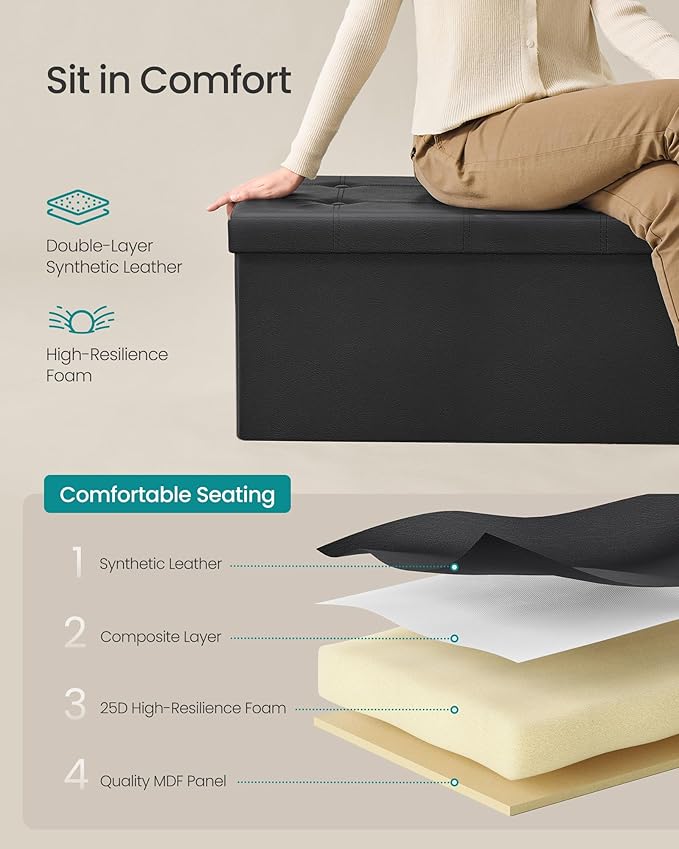 SONGMICS MAZIE Collection-30 Inches Folding Bench Ottoman with Storage, Foot Rest Stool, Load 660 lb, for Living Room, Synthetic Leather, Black ULSF105, 15" D x 30" W x 15" H