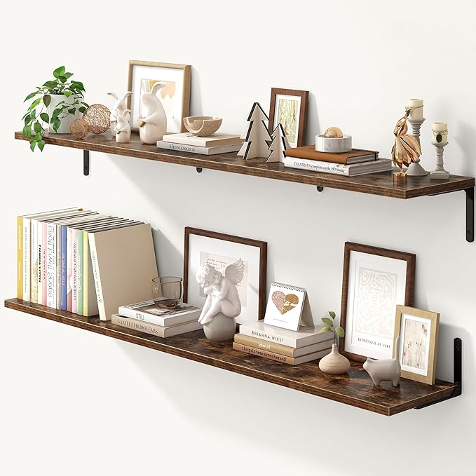 Fun Memories Deep Floating Shelves, 55W x 8D Floating Shelves Set of 2, Wall Mounted Shelf with Metal Brackets, Rustic Wood Wall Shelf for Bathroom, Kitchen and Living Room, Rustic Brown-NeatNest