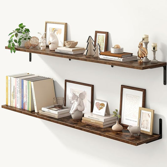 Fun Memories Deep Floating Shelves, 55W x 8D Floating Shelves Set of 2, Wall Mounted Shelf with Metal Brackets, Rustic Wood Wall Shelf for Bathroom, Kitchen and Living Room, Rustic Brown-NeatNest