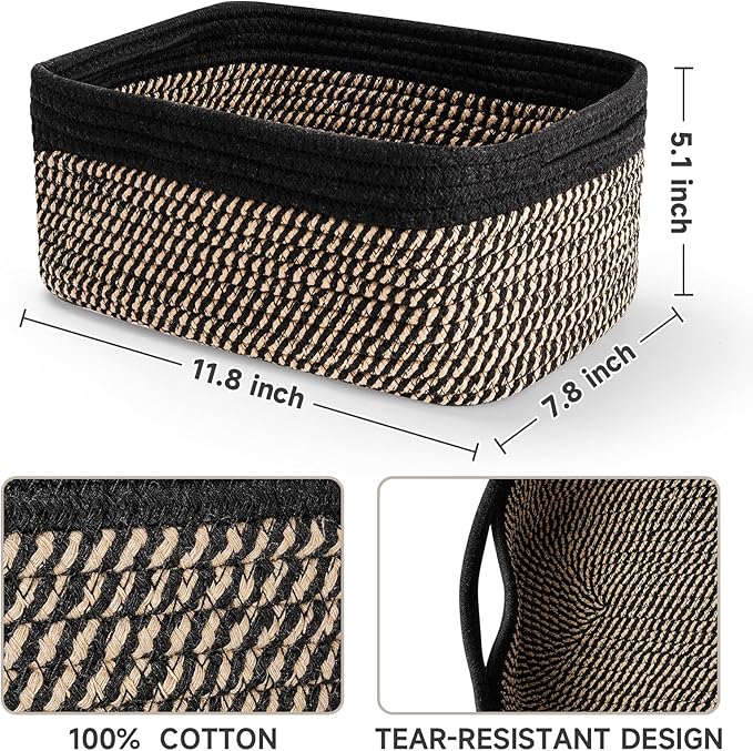 3-Pack Shelf Baskets for Organizing, Closet Organizer Bins, Small Woven Baskets, Rope Toy Basket, Storage Basket for Shelves, Cube Decorative Box, 11.5×7.5×4.7”, Black Brown-NeatNest