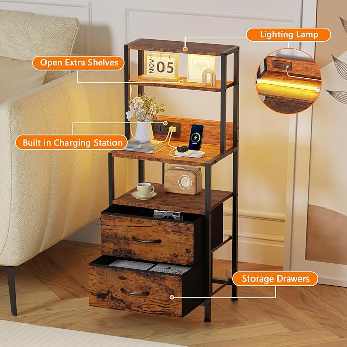Furnulem Night Stand, Tall Nightstand with 4-Tier Shelves, 2 Fabric Drawers and Light Tube, Bed Side Tables with Charging Station, Bedside Table for Bedroom, Office, Rustic Brown