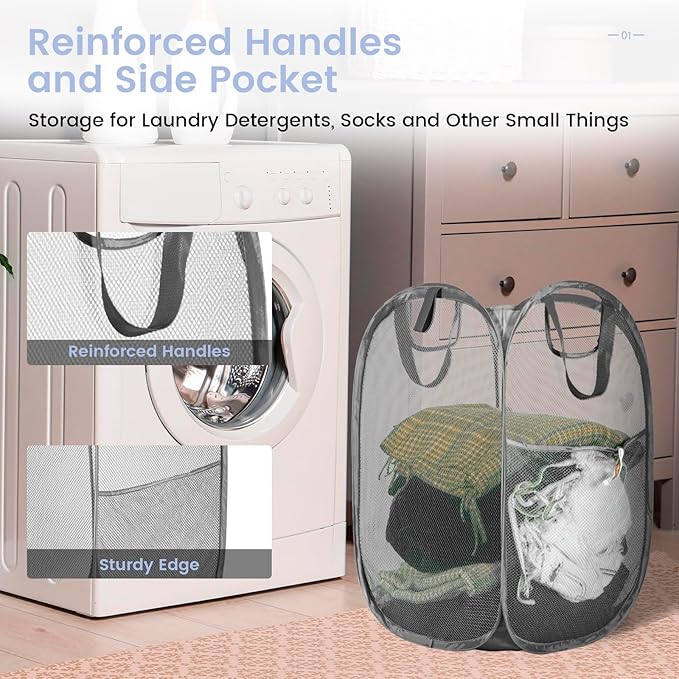 HOUSE AGAIN Mesh Popup Laundry Hamper, [Reinforced] Collapsible Laundry Basket, Foldable Pop Up Hamper with Durable Handles, Easy to Open and Fold for Dorm, Laundry Room, Bedroom, RV, (Grey）-NeatNest