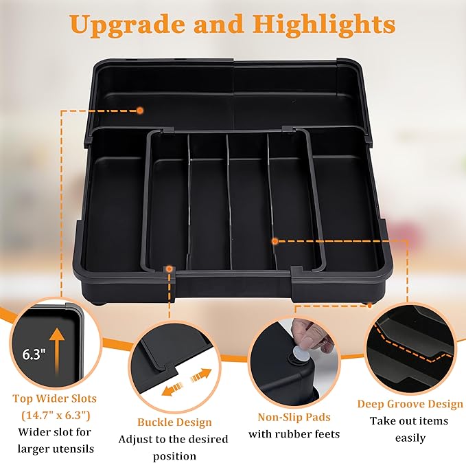 Homecor Silverware Organizer Expandable Kitchen Drawer Organizer with 7 Slots, BPA Free Cutlery Utensil Drawer Organizer, Kitchen Utensil Storage Tray for Forks Knives Spoons, Anti-Slip, Black-NeatNest