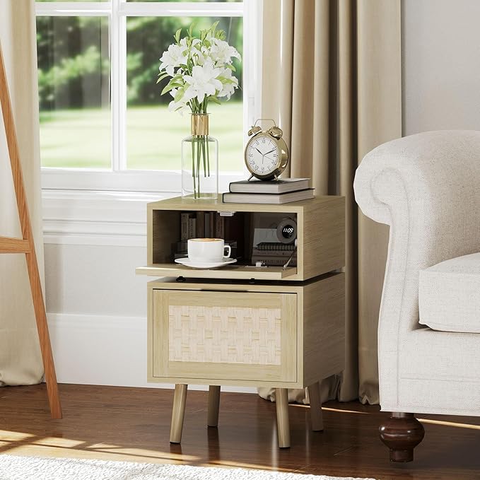 Bonzy Home Nightstand with Storage, 23" Side Table with Woven Doors, Bedside Table with 360° Rotating for Living Room, Bedroom, Oak-NeatNest