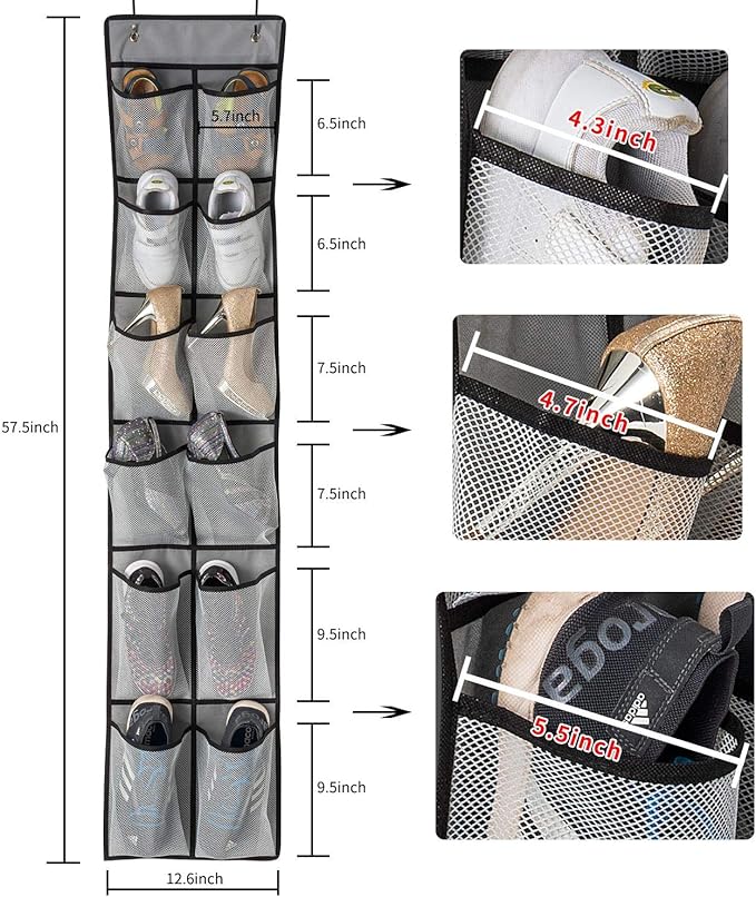 KEEPJOY Over The Door Shoe Organizer 2 Pack,Mesh Pockets Hanging Shoe Rack Over The Door,Shoe Storage Closet with 4 Hooks,Washable and Breathable Fabic,Large Size 57.5×12.6inch(Grey)-NeatNest