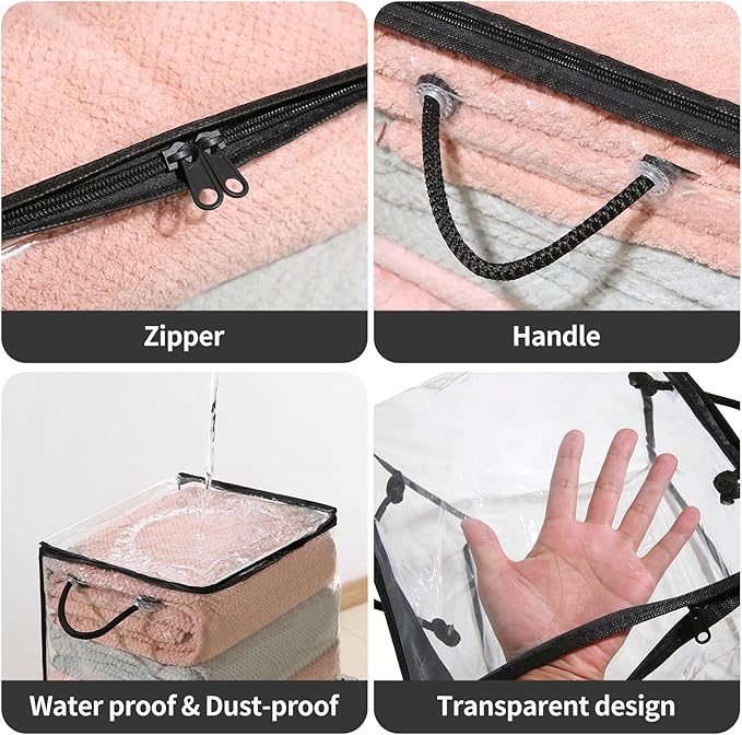 10 PCS Clear Zippered Storage Bags with Handles,Sweater Storage with Two-Way Zipper,Foldable Closet Organizer Bed Sheet Organizer,Cube Plastic Organizer,Bag,Bin for Clothes,Towel-BK-NeatNest