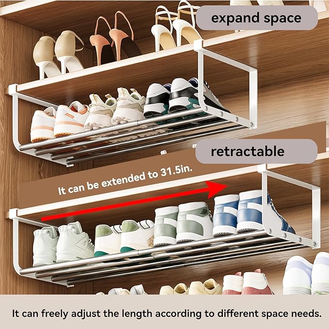 Expandable Shoe Rack Organizer - Adjustable Shoe Rack & Under Cabinet Shelf - for Shoe or Clothing Storage and Organization, Under Shelf Storage (Stainless,1Pcs)-NeatNest