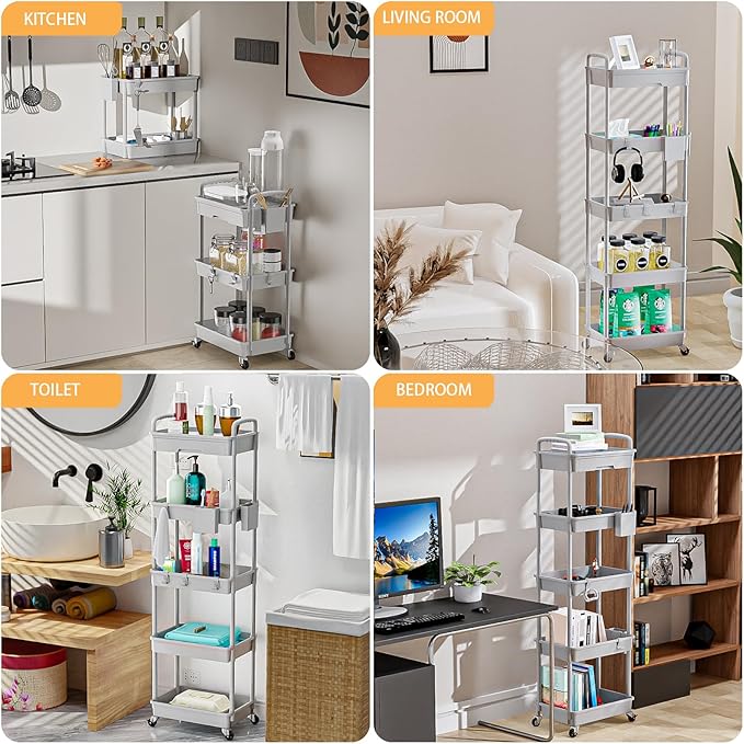 5 Tier Rolling Utility Cart with Drawer,REBECAT Utility Cart Made of Multifunctional Storage Organizer Tool for Kitchen,Bathroom,Living Room,Office(Gray)-NeatNest