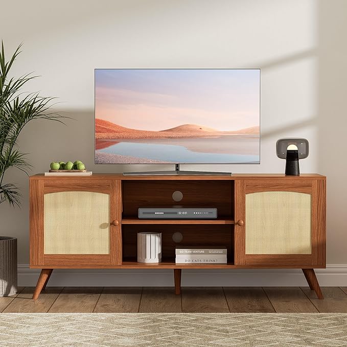 Brown Rattan TV Stand for 60 Inch TV, Wooden Mid Century Modern Entertainment Center with Natural Rattan Door, Boho Media TV Console for Living Room-NeatNest