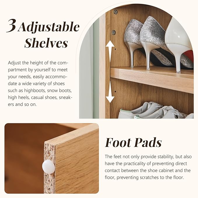 67" Tall Arched Shoe Storage Cabinet, 8 Tiers 8 Pairs Wooden Shoe Rack with 3 Adjustable Shelves, Freestanding Shoe Closet Shelf Organizer for Entryway, Hallway, Living Room (Natural)-NeatNest