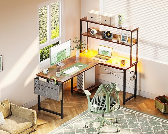 Casaottima Gaming Desk with Power Outlets & LED Lights, 43 Inch Reversible L Shaped Computer Desk with Shelves & Storage Bag, Corner Desk for Home Office, Vintage-NeatNest