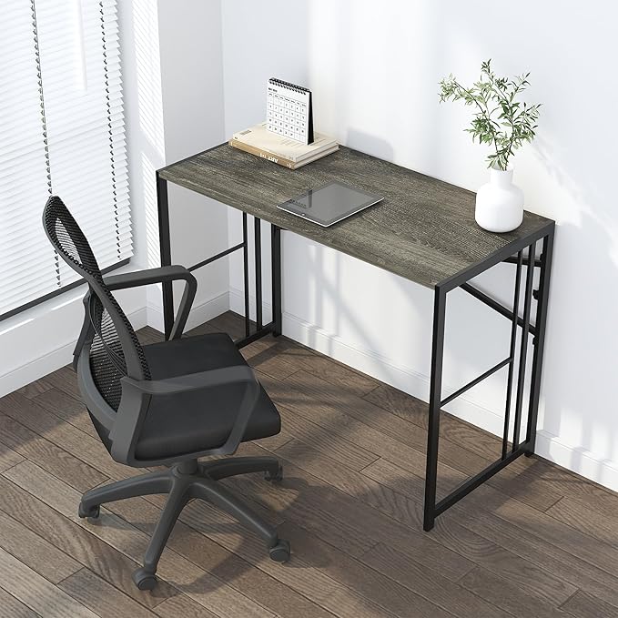 35 inch Narrow Folding Desk, Writing Gaming Computer Camping Desk for Small Spaces, No Assembly Required Home Office Table, Black Oak-NeatNest