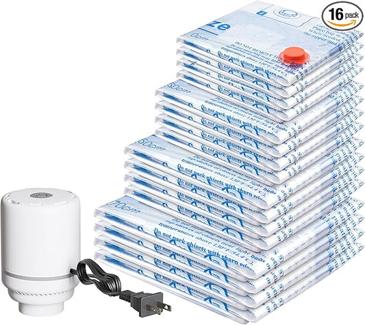 Vacuum Storage Bags with Electric Air Pump 16 Combo (4 Jumbo/4 Large/4 Medium/4 Small), Plastic Packaging Bags,Travel Vacuum Bags For Luggage,Clothes, Pillows, Comforters, Blankets, Bedding-NeatNest