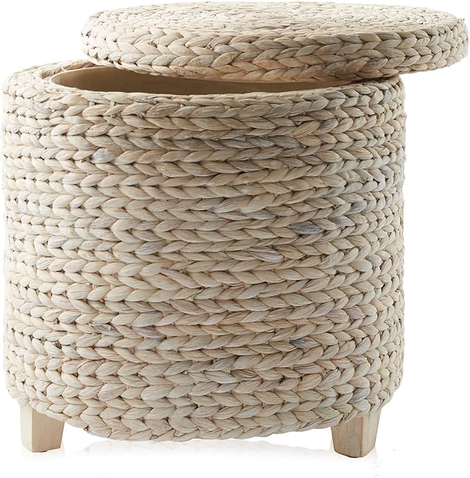 Casafield 17" Round Storage Ottoman with Lid - Whitewash, Handwoven Water Hyacinth Footstool for Living Room, Bedroom, Bathroom, Home Office-NeatNest