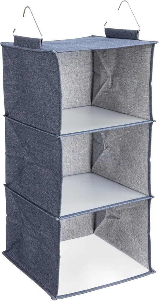 Household Essentials Hanging Cotton Blend Closet Organizer with 3 Storage Shelves, Denim-NeatNest