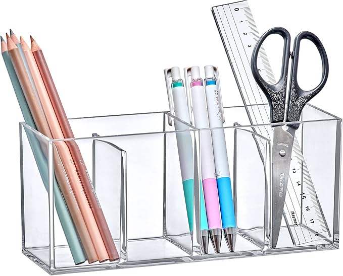 Amazing Abby - Glamour - Acrylic 4-Compartment Makeup Organizer, Transparent Plastic Makeup Brush Holder, Perfect Bathroom Vanity Storage Solution for Makeup Brushes, Eyebrow Pencils, and More-NeatNest