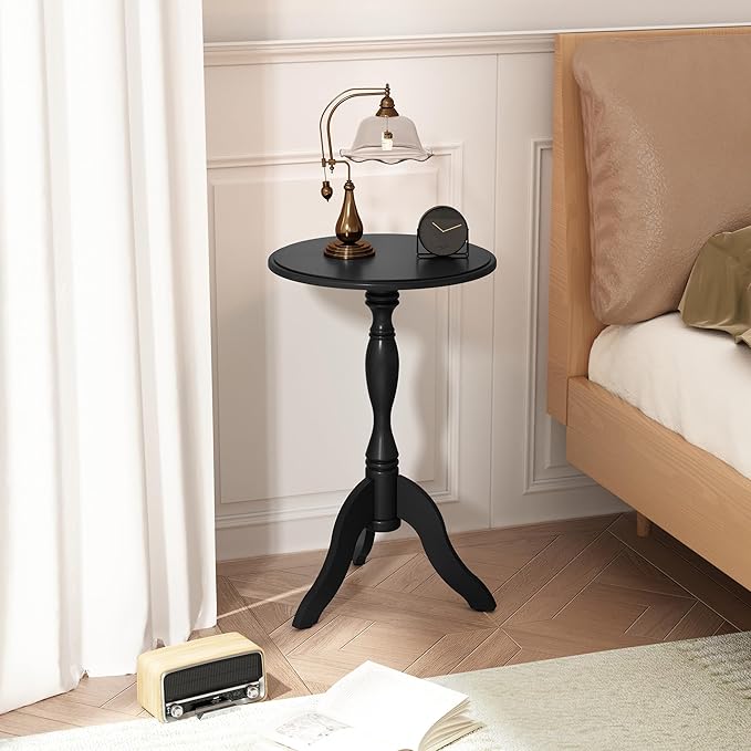 HLR Round Small End Table, Wooden Pedestal Side Coffee Tables, Vintage Accent Nightstand for Living Room, Bedroom, Entryway (1, Black)