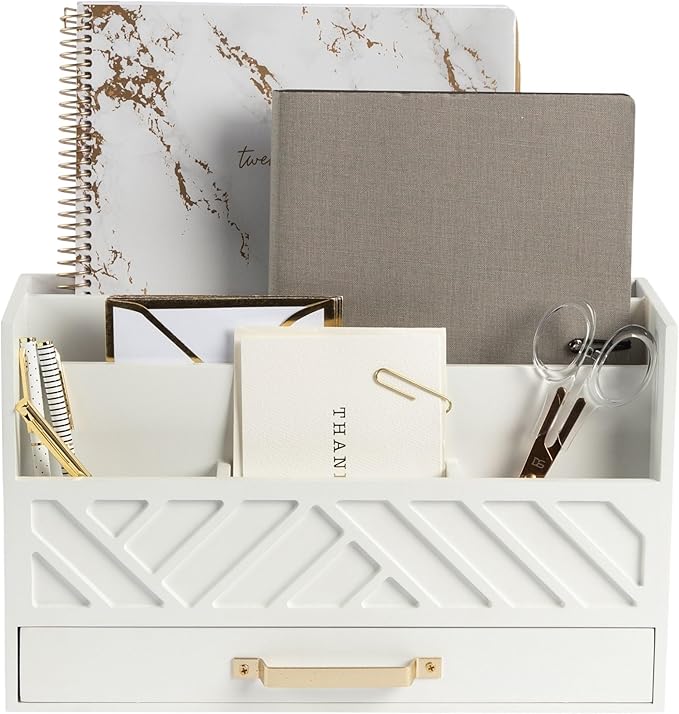 BLU MONACO White Wooden Mail Organizer with Drawer and Gold Handle – Desk Accessories for Office Organization and Storage – Home, Office, and Classroom Supplies-NeatNest