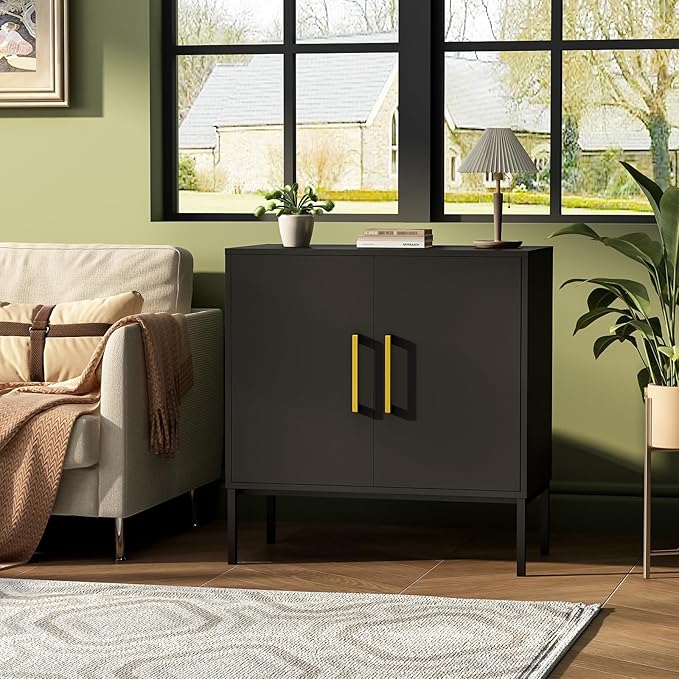 JOZZBY Storage Buffet Cabinet, Freestanding Sideboard with Double Doors, Modern Wooden Sideboard, Black Side Cabinets for Bedroom, Living Room, Kitchen, Office and Hallway, WLFH0007BK