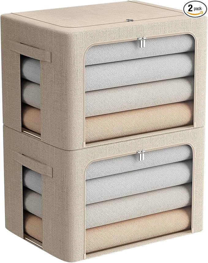 2 Pack Clear Window Storage Bins Large Foldable Fabric Storage Bins Boxes for Clothes Stackable Box Organizer Set with Carrying Handles (Beige, 19.7x 15.7x 12.5 Inch)-NeatNest