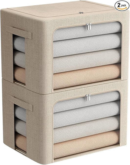2 Pack Clear Window Storage Bins Large Foldable Fabric Storage Bins Boxes for Clothes Stackable Box Organizer Set with Carrying Handles (Beige, 19.7x 15.7x 12.5 Inch)-NeatNest
