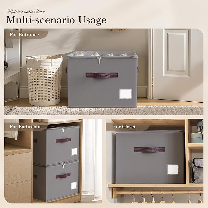 Criusia Shoe Organizer for Closet, 4 Pack Shoe Organizer with Transparent Cover and Sturdy Handles, Closet Shoe Storage for Sneakers Sandals Slippers, Fit 12-16 Pairs, Gray-NeatNest