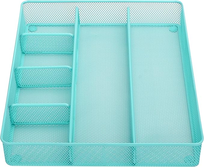 Annova Desk Top Organizer Tray for Office Organization - Metal Mesh - Storage Tray with Dividers for Pens, Desktop Accessories, Bathroom, Kitchen, Makeup and Office Supplies (Large, Turquoise)-NeatNest