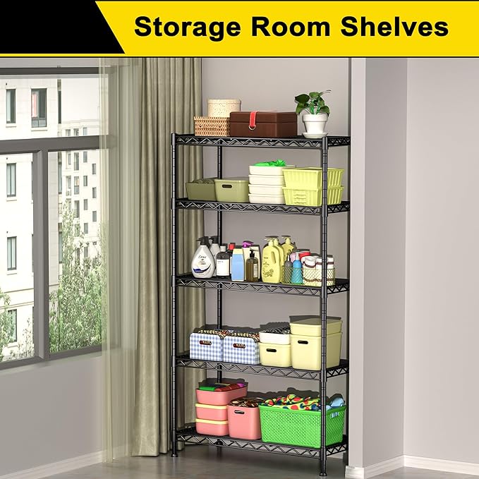 GIOTORENT 5-Wire Garage Shelving Storage Shelves, Kitchen Storage Adjustable Shelf, Metal Shelves 1600Lbs Capacity 36 Lx18 Wx72.2 H for Laundry Bathroom Pantry Closet, Black
