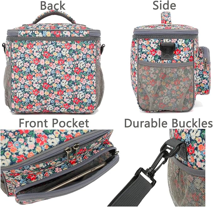FlowFly Insulated Reusable Lunch Bag Adult Large Lunch Box for Women and Men with Adjustable Shoulder Strap,Front Zipper Pocket and Dual Large Mesh Side Pockets,Floral-NeatNest