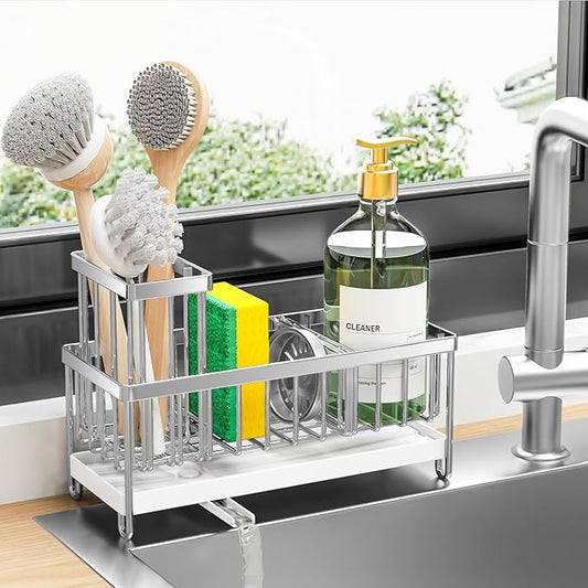 Cisily Silver Sponge Holder for Kitchen Sink, Sink Caddy Organizer with High Brush Holder, Kitchen Countertop Organizers and Storage Essentials, Rustproof 304 Stainless Steel, Soap Dispenser Organize-NeatNest