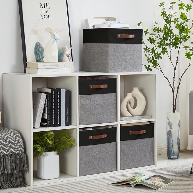 Collapsible Fabric Storage Cube Bins with 2 Reinforced PU Handles, Foldable Storage Organizer Baskets for Closet, Shelves, Living Room | 13"x13"x13", 4 Pack, Black & Gray-NeatNest