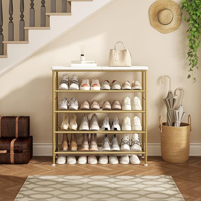 Shoe Rack Organizer 5 Tier for Closet Entryway Free Standing Metal Storage Shoe Shelf with MDF Top Board，Gold-NeatNest