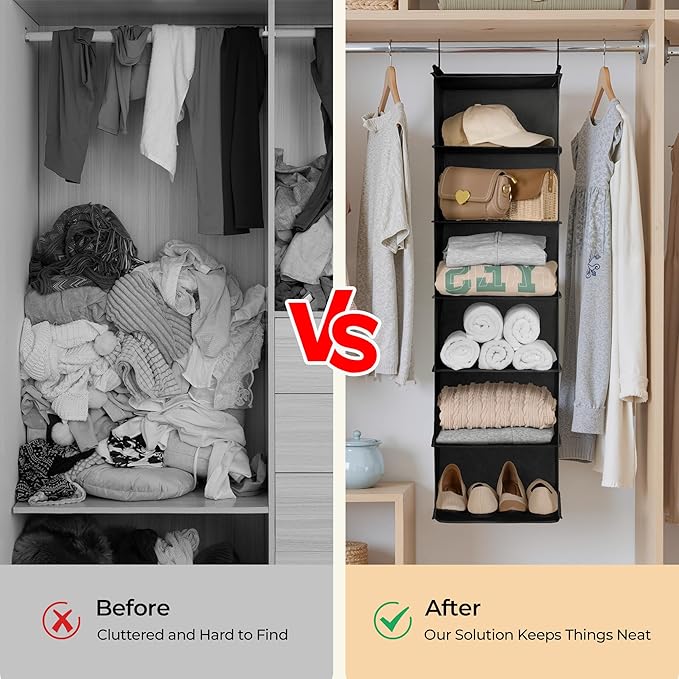 GRANNY SAYS 6 Shelf Hanging Closet Organizers and Storage, Collapsible Closet Hanging Organizer with 2 Sturdy Hooks, Large Hanging Shelves for Weekly Clothes Organizer, Black-NeatNest