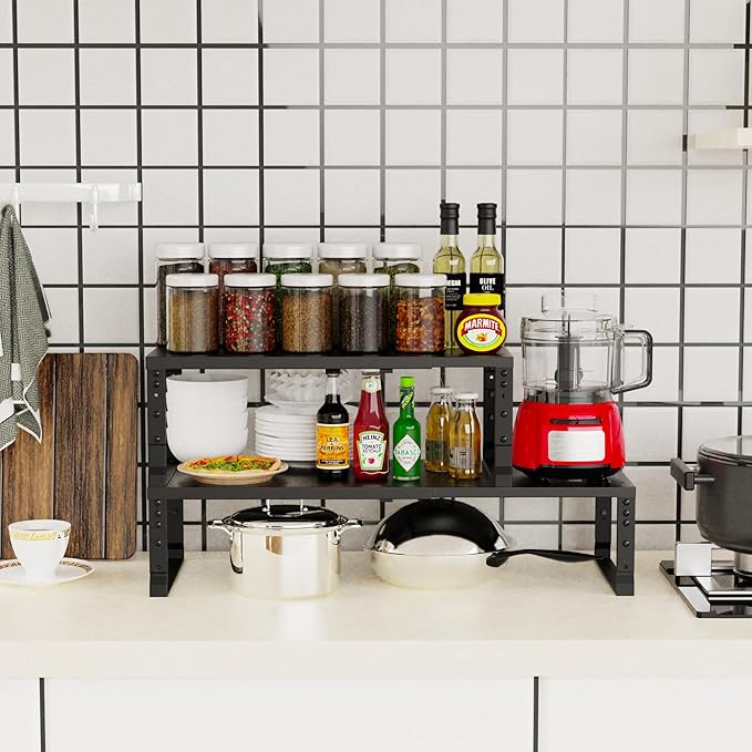 Expandable Stackable Spice Rack Organizer for Kitchen Cabinet,Adjustable Counter Shelf, countertop, Pantry,Cupboard,Bathroom,Bedroom(1Pack/Black/Medium)-NeatNest