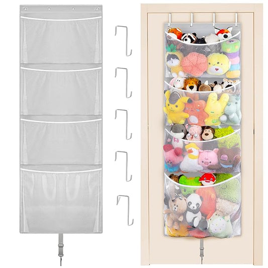 Hanging Stuffed Animal Storage, Over Door Large Plush Toy Organizer with Metal Hook, Baby Accessory Holder Idea for Nursery, Doll & Bear Mesh Hammock Bag for Girl Boy Kid Room-NeatNest