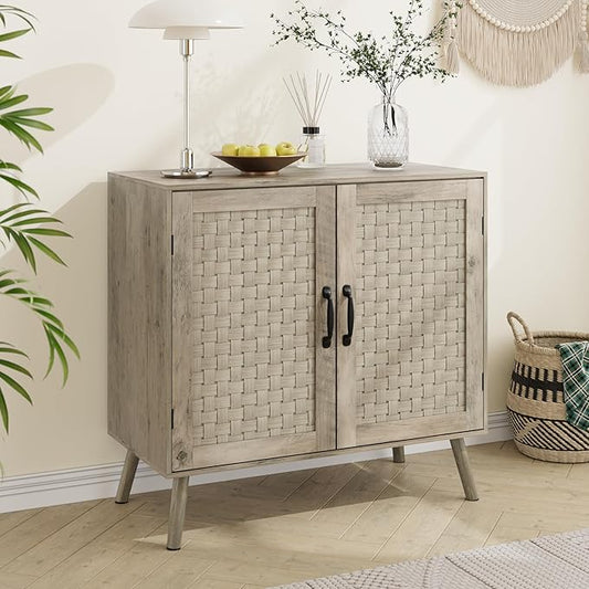 Farmhouse Sideboard Cabinet, Buffet Storage Cabinet with Handmade PVC Rattan Decor Doors & Adjustable Shelf, Wood Accent Table Coffee Station for Kitchen, Living Room, Entryway, Grey Oak-NeatNest