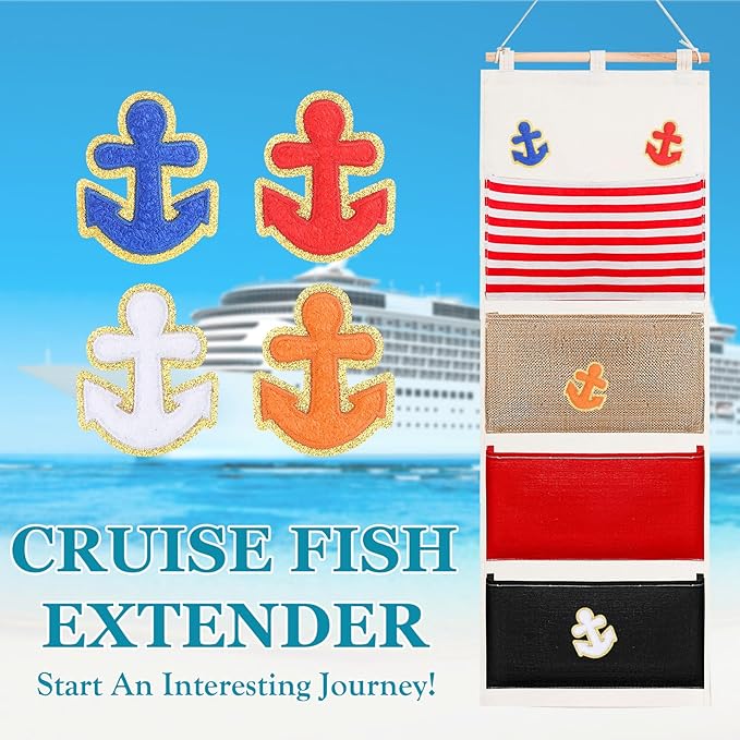 Fish Extender Cruise Gift Hanging Organizer with 4 Pockets and 4 Pcs Iron on Anchor Patches Cabin Door Hanger Storage Bag 2025 FE for Exchange Gifts and Pixie Dusting(Orange,White,Red,Blue)-NeatNest