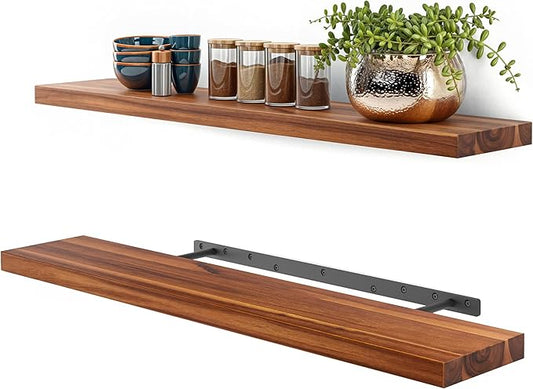 BATODA Set of 2 36" Wood Floating Shelves Wall Mounted – Rustic Farmhouse Wooden Wall Storage Shelf for Bedroom, Kitchen, Home Décor - Brackets and Shelving Hardware Included (Acacia, 36inch)-NeatNest