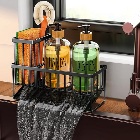 Cisily Dish Soap Dispenser, 16 fl Oz Dual Kitchen Soap Dispensers with Sponge Holder, Customized Stainless Steel Kitchen Soap Dispenser Set, Modern Hand and Dish Soap Bottle Set Removable-NeatNest