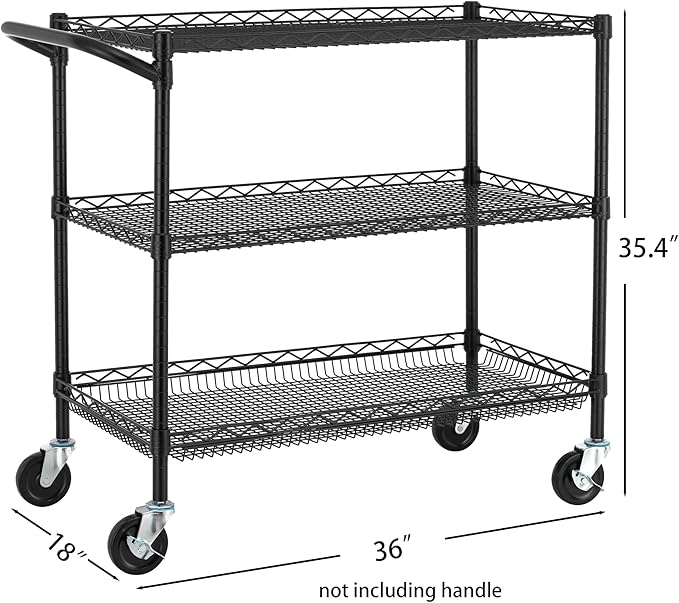 Finnhomy 3 Tier Heavy Duty Commercial Grade Utility Cart, Wire Rolling Cart with Handle Bar, Steel Service Cart with Wheels, Kitchen Carts on Wheels, Metal Cart Shelf Size 18" D x 36" W, NSF, Black